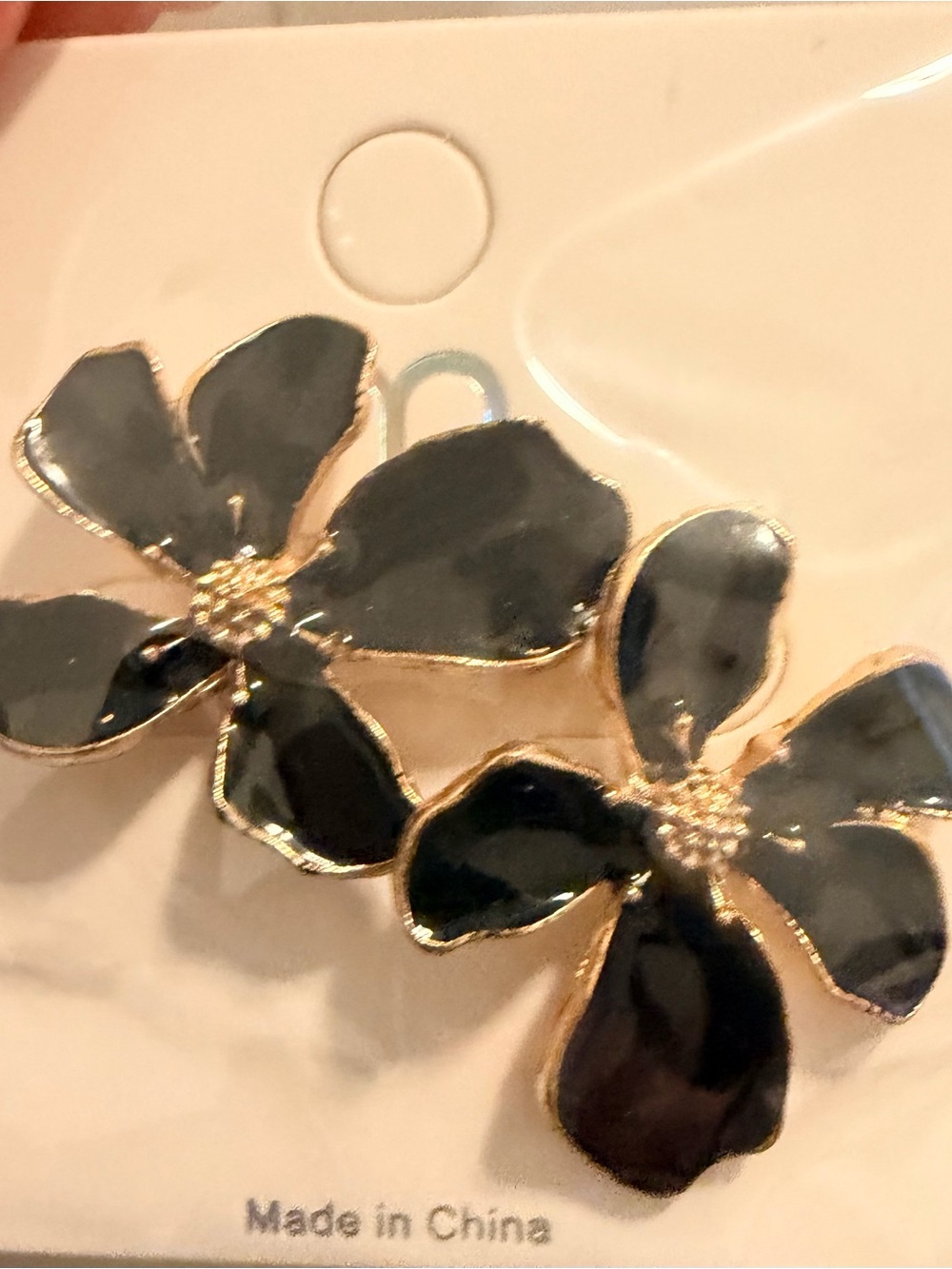 Black Floral Petal Drop Earrings with Gold Trim